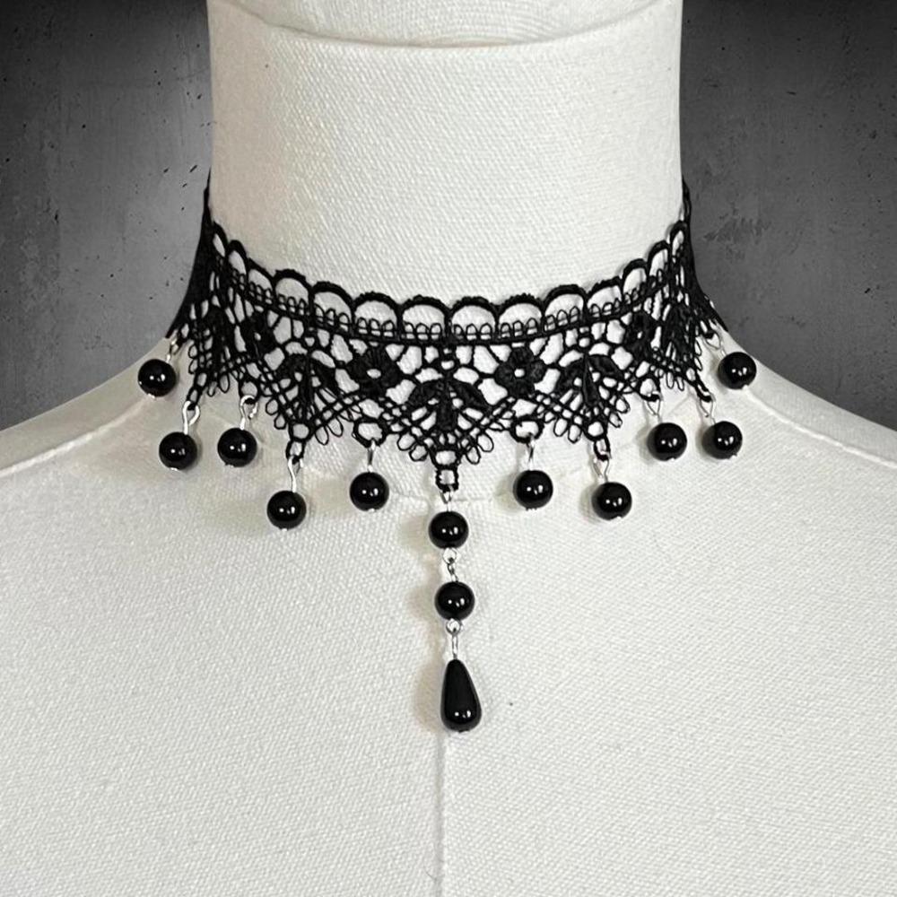 Black Lace Beaded Choker Necklace